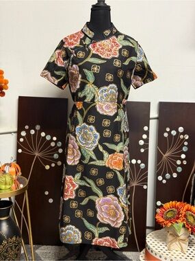 Black Floral Mandarin Collar BATIK Dress
